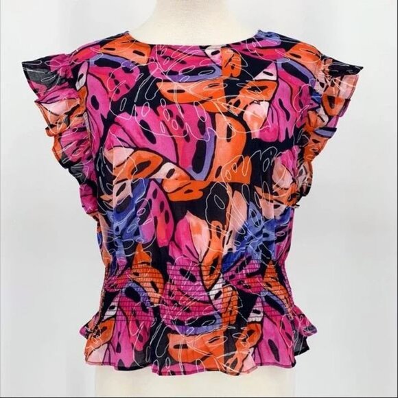 NWT Tommy Hilfiger %100 Cotton Flutter Sleeve Smock Waist Palm Leaf Ruffle Top - Picture 5 of 16